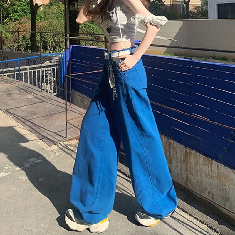 FINEWORDS Vintage Bright Blue Baggy Jeans for Women High Waist Loose Fit Wide Leg Denim Pants Full Length Streetwear Trousers