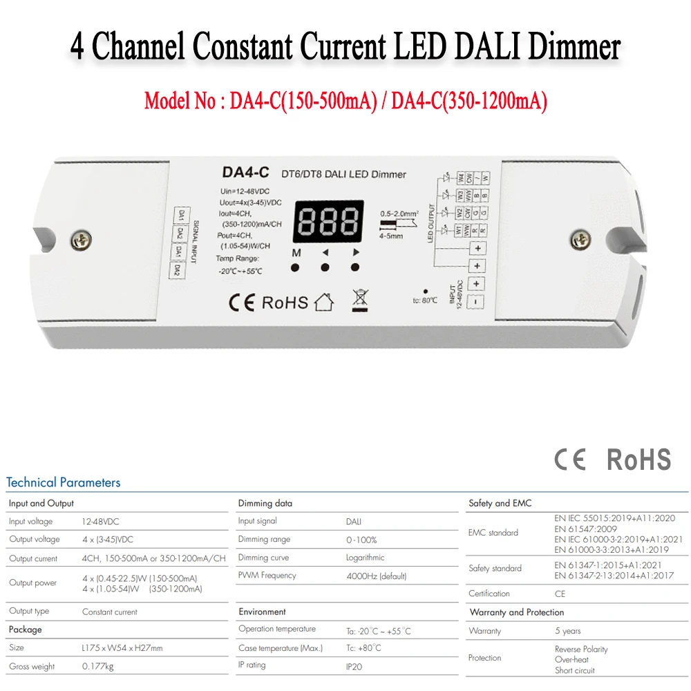 CENFAYA Constant Current LED DALI Dimmer DC12V 4CH DT6 Dim DT8 CCT RGB RGBW Dimming DALI Controller Multiple Current 150-1200mA