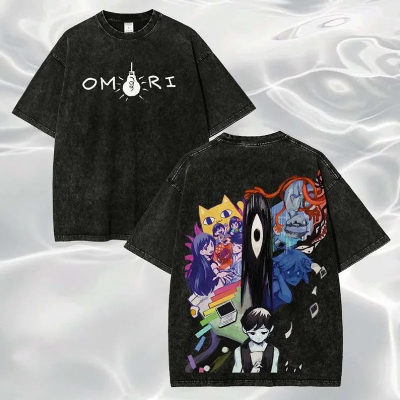 OMORI Game Washed Vintage T‑Shirt Horror RPG Anime Character Art Unisex Cotton Short Sleeve Men Women Dark Aesthetic Casual Tops