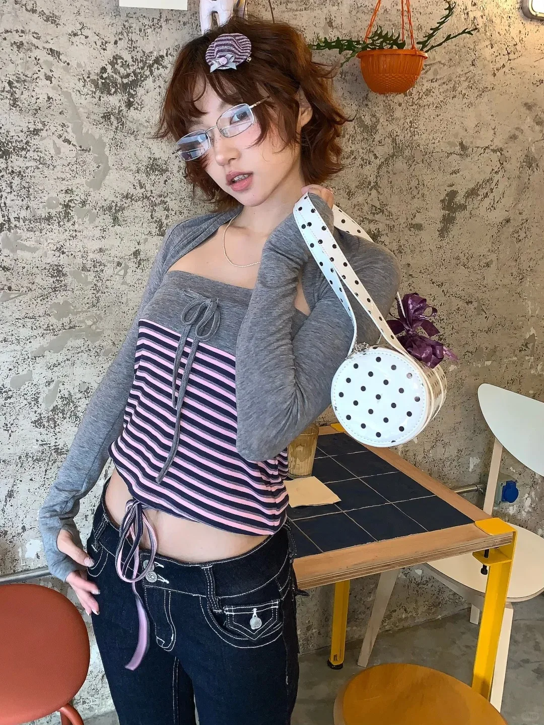 Genayooa Y2k Giapponese Due Pezzi Magliette e camicette Delle Donne Autunno A Righe Camis + Maglia Grembiule Streetwear Vintage Crop Magliette Fairycore Magliette
