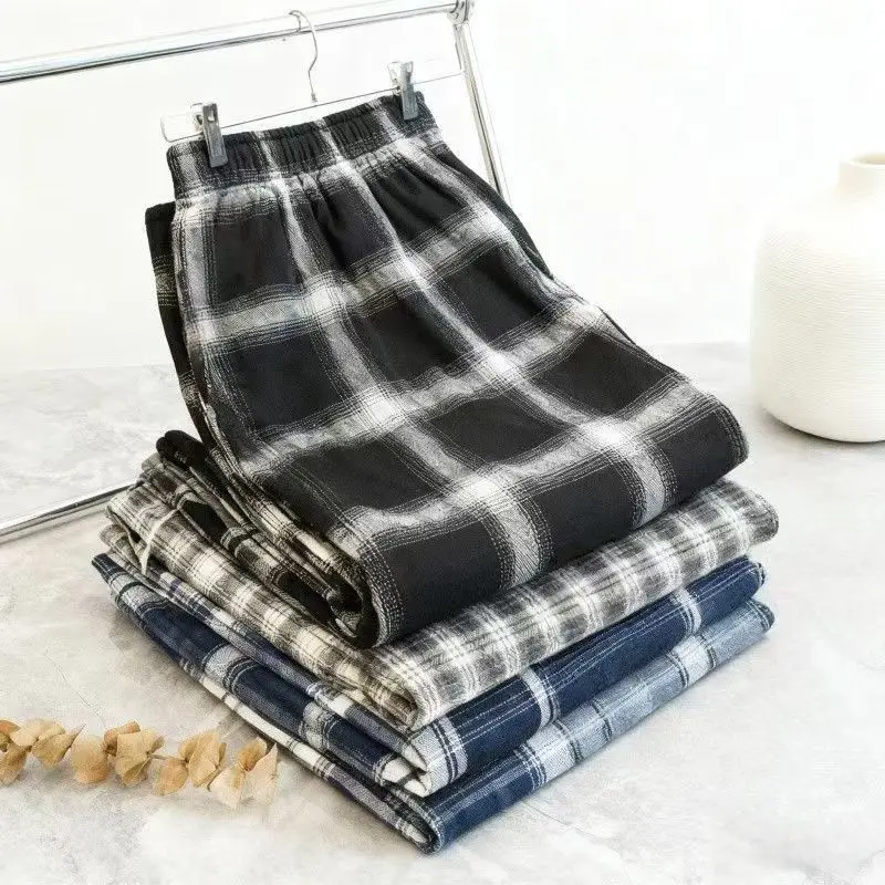 New Men's Pajama Pants for Spring and Autumn, Loose Fit, Can Be Worn Outside, Thin Plaid Straight-Leg Tie-Up Long Pants, Suitable for Home and Outdoor Wear