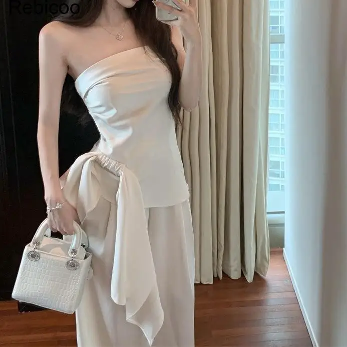 Women's Elegant Strapless Tube Top and Wide Leg Pants 2-Piece Set, Solid Color Tie Waist High Waisted Lounge Outfit for Summer