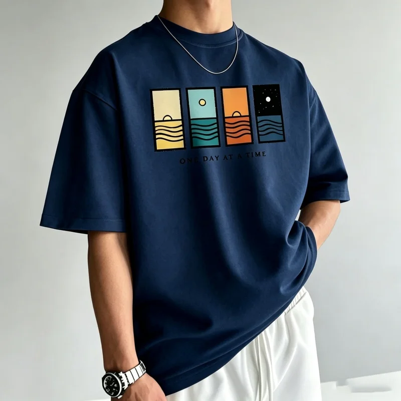 Men's T-shirt Men's round neck short sleeved T-shirt One Day At A Time Abstract Ocean Sunset Art Printed T-shirt Casual Street