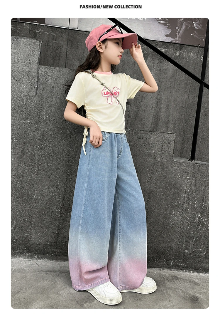 Teenager-Cowgirl-Jeans mit weitem Bein für Mädchen, Farbverlauf-Denimhose, Kinder-Oberbekleidung, lange Hose, Mädchenkleidung 5-14 Jahre – Detail 4