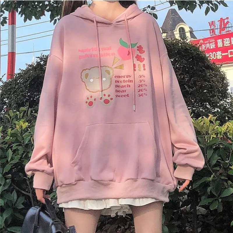 Lolita Mori Girl Harajuku Kawaii Hoodie With Long Rabbit Ear Cap Women Cute Bear Print Thin Sweatshirt Street Fashion Pullovers