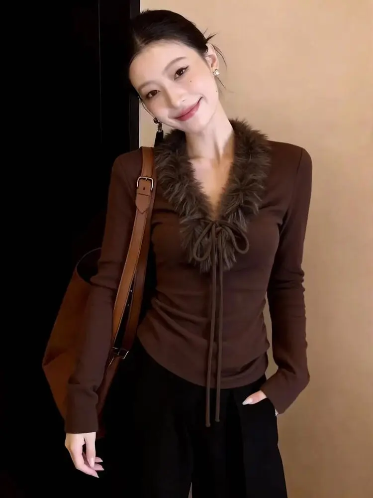 

plus Size Women's Brown Plu Splice V-Ne Long Sve Base irt Inner Wear Slimming Top for Autumn Winter