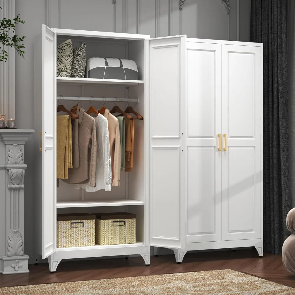 

Metal Armoire Wardrobe Closet with 2 Doors, 71" Tall Wardrobe Closet with Doors, Hanging Rod, Drawers, Customized