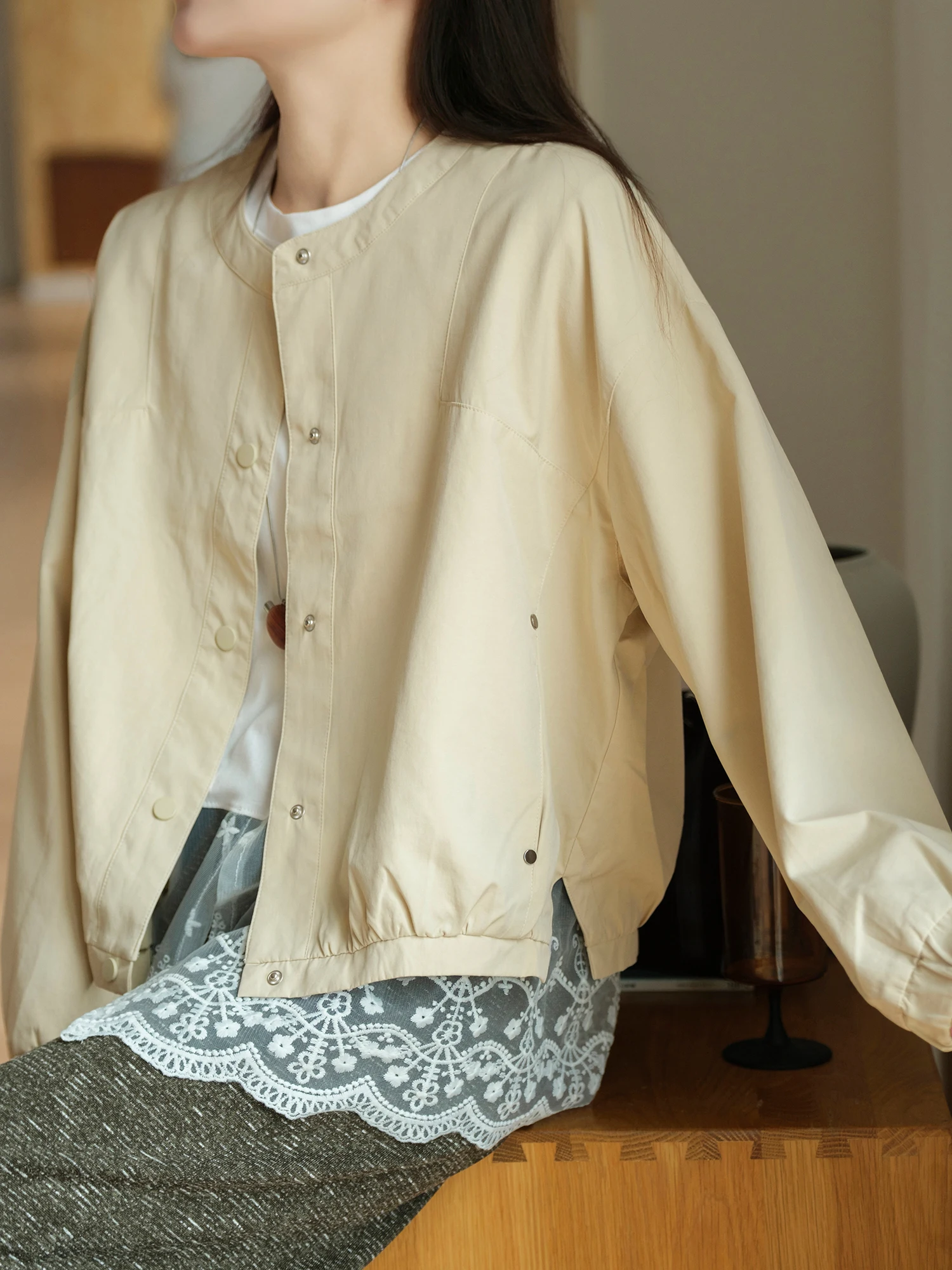 Retro Washed Cotton Jacket Women's Loose Fit Breathable Casual Style Long Sleeve round Neck Button Closure Coat by XiaoEr