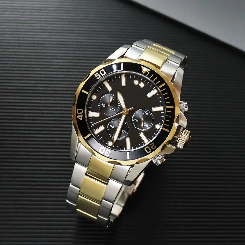 Business Men's Watch Multi functional Waterproof Stainless steel Bracelet Quartz Watches Aluminium Bezel PVD Gold 20ATM