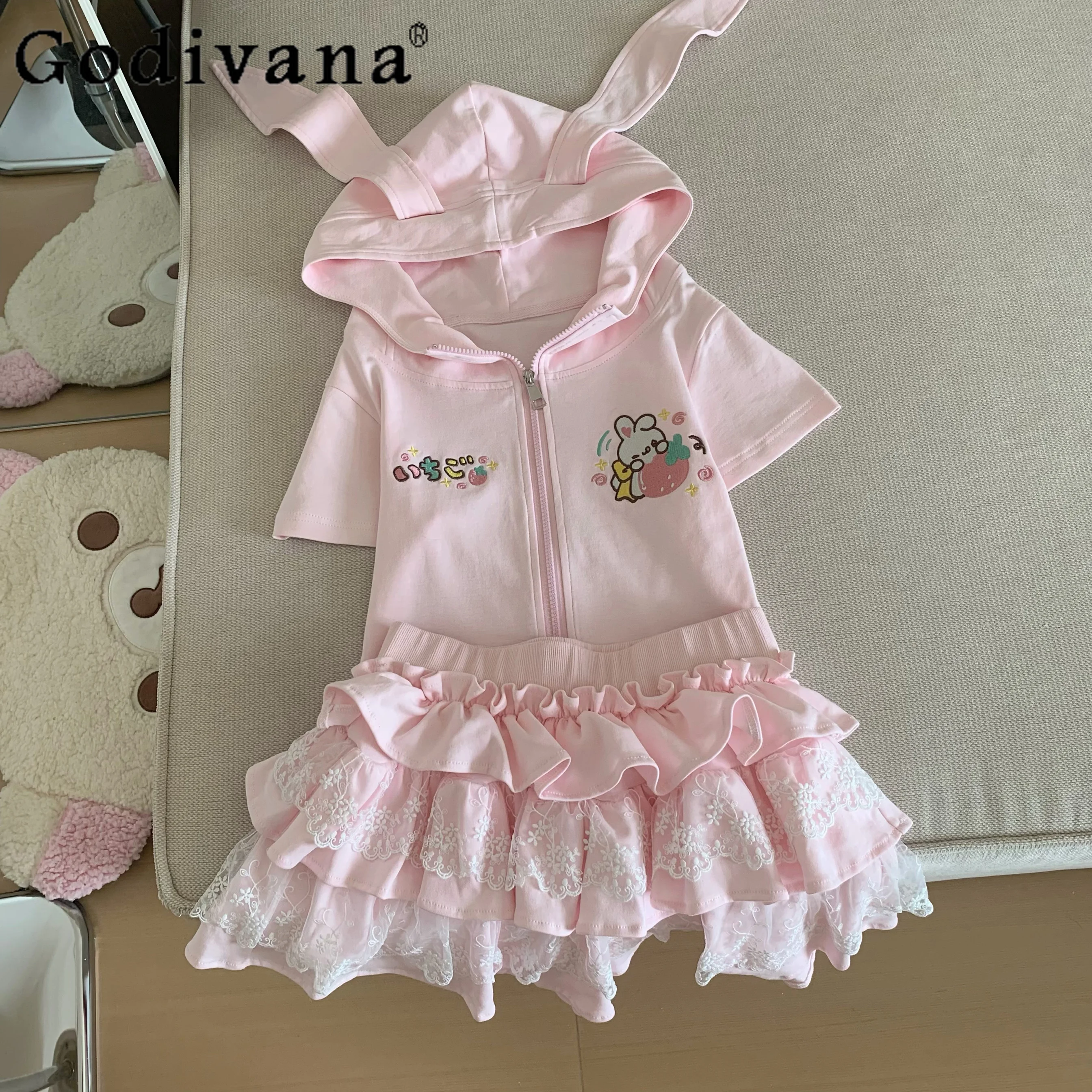 

Original Japanese Soft Girls Lo Cute Pink Cake Skirts Hooded Short-sleeved T-shirt Set Summer New 2025 Y2k Elastic Waist Skirt