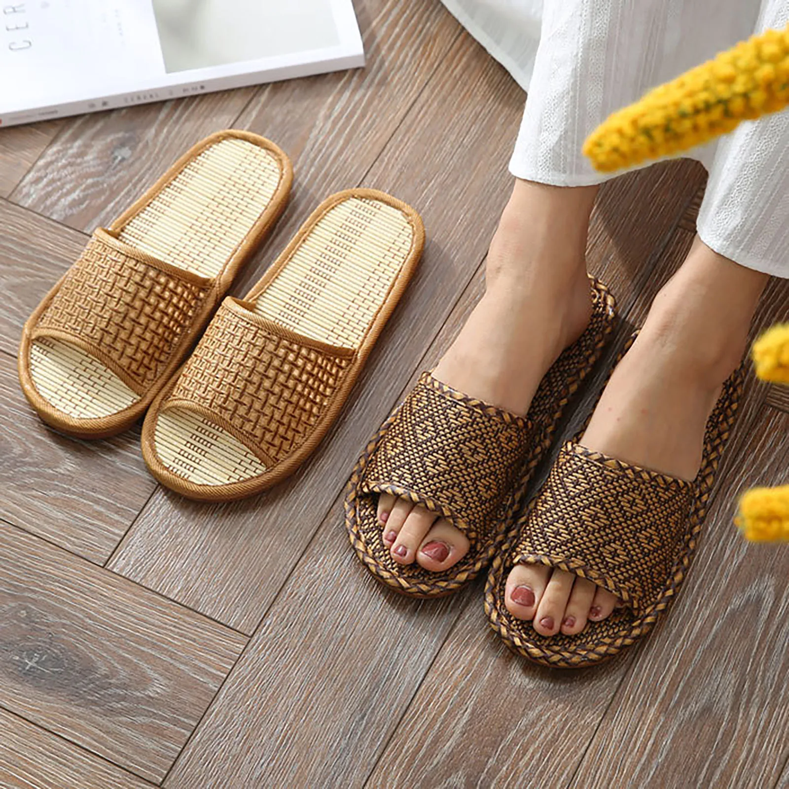 Spring And Summer Slippers Female Bamboo Rattan Grass Woven Household Indoor Couples Soft Sole Silent Floor Linen Slippers
