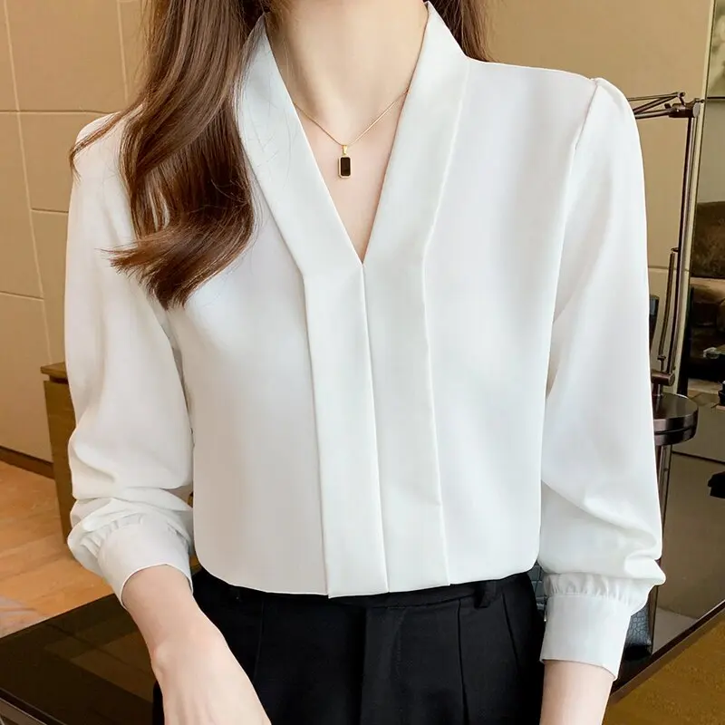 

Business Women's Long Sleeve V-Neck Shirt Autumn Winter Chiffon Blouse Fashionable Inner Wear Suit Work Uniform Top