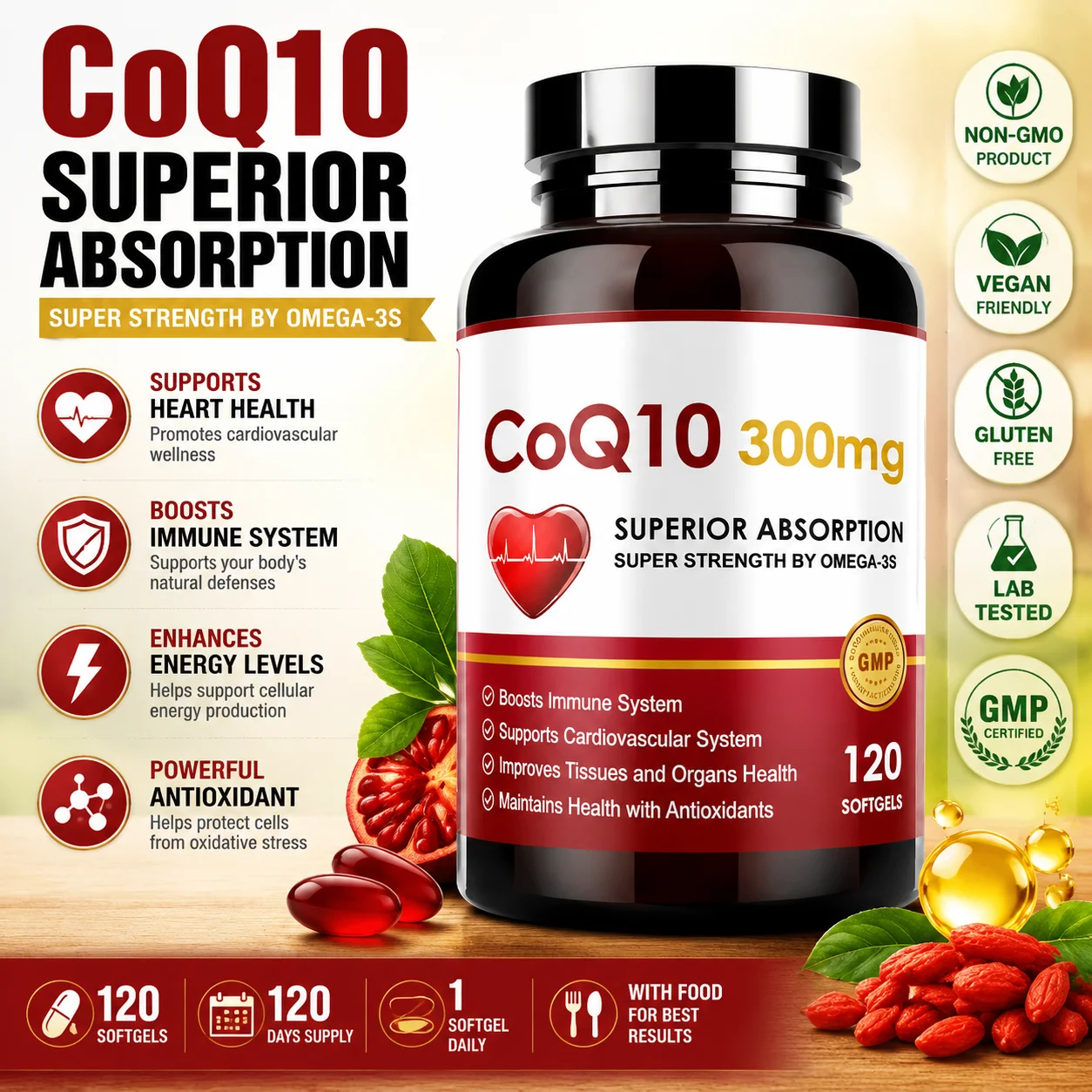 CoQ10 300mg Softgels with PQQ Omega-3 Coenzyme Q10 High Absorption Antioxidant Daily Energy Support Non-GMO 120 Count Adults