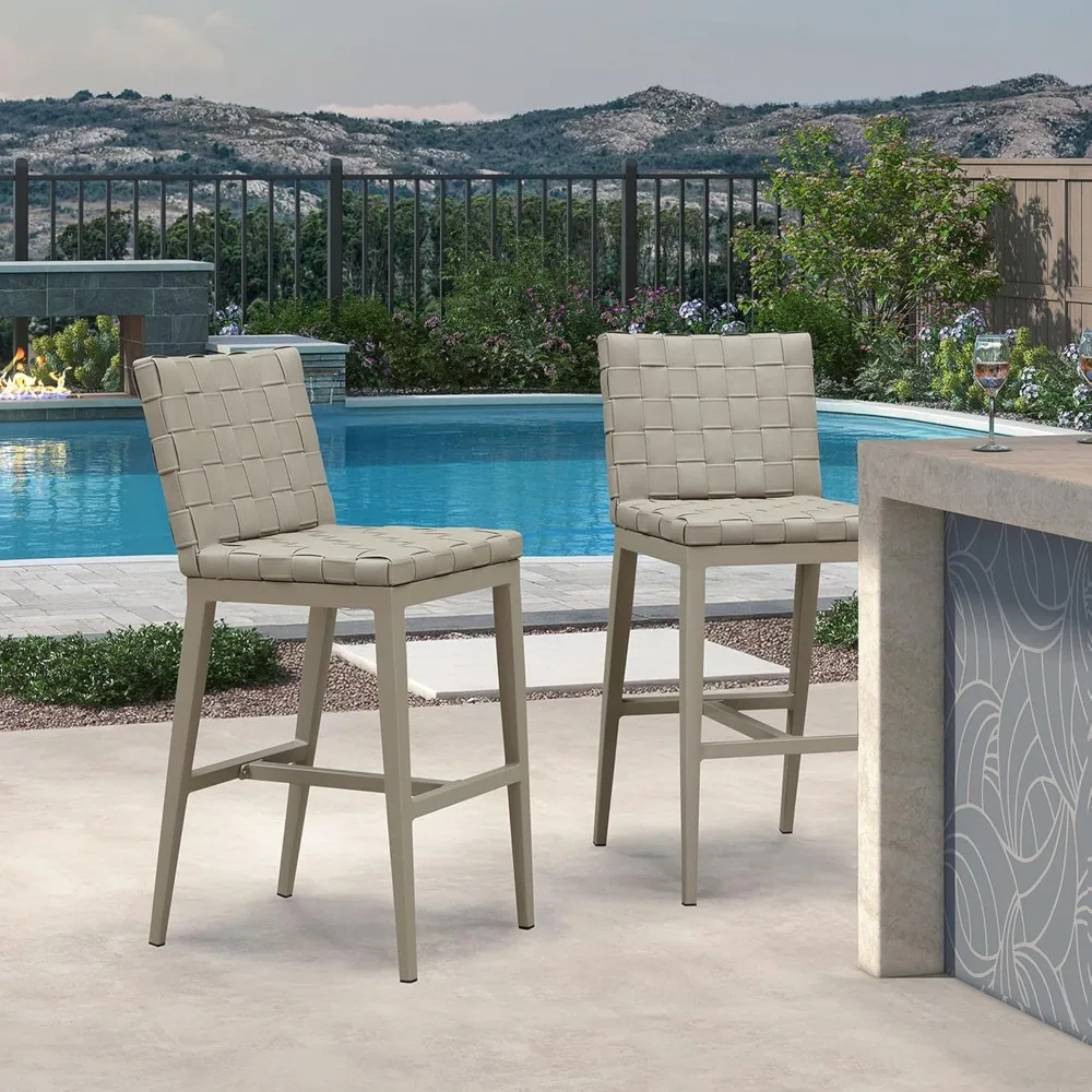 

29" Outdoor Bar Stools Set of 2, PU Leather Bar Height Chairs with Aluminum Frame, Patio Bar Set for Poolside, Garden, Kitchen-