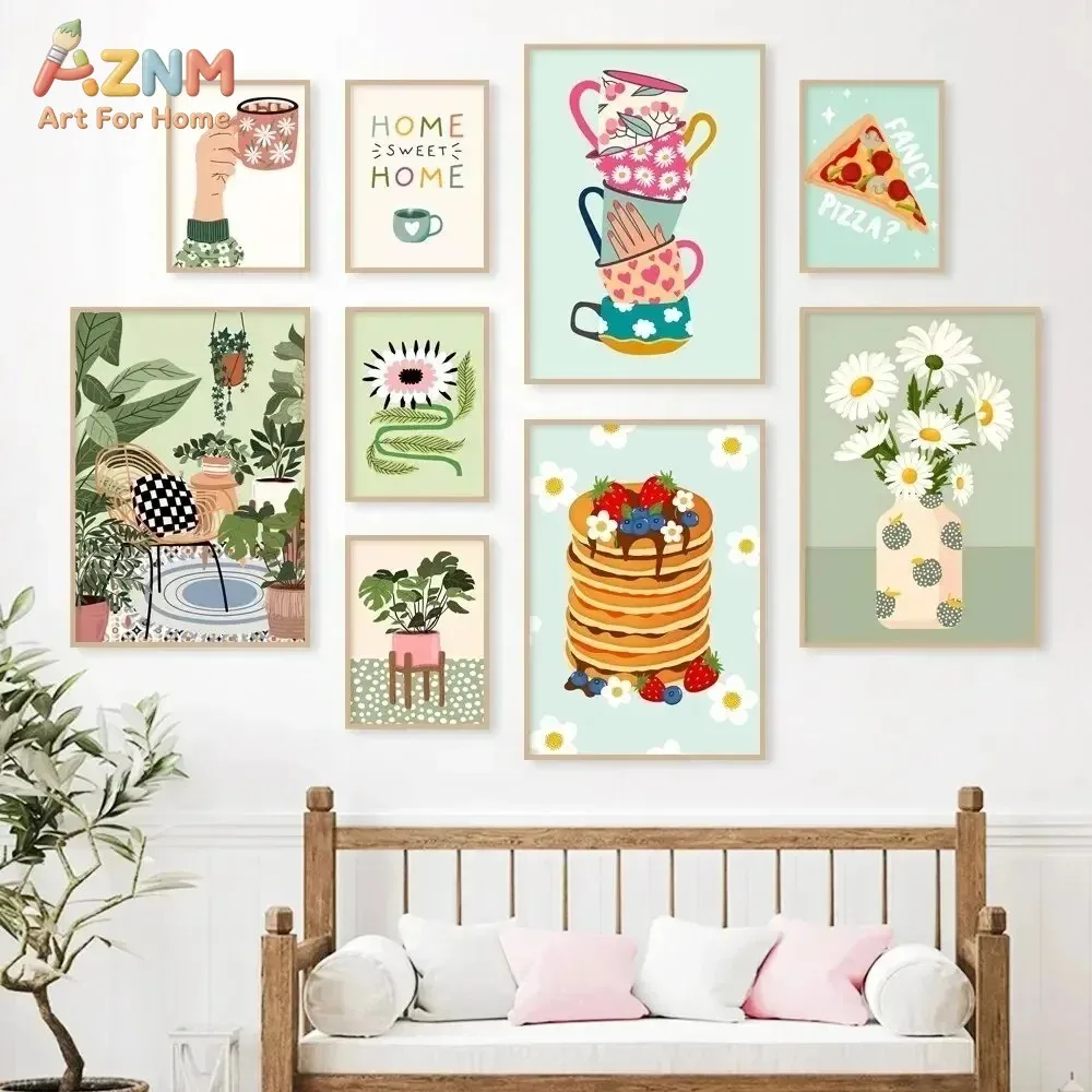 AZNM Frameless Canvas Wall Art, Cute Boho Kitchen Print Stacked Mugs Pancake Pizza Daisy Houseplant Illustration Sweet Home Quot