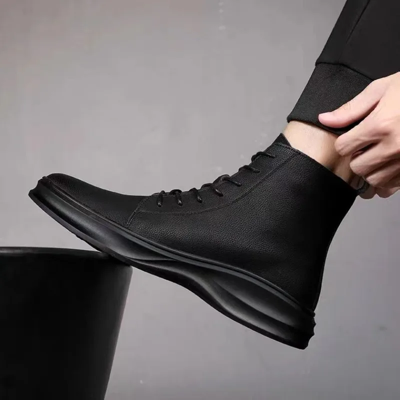 

Genuine Leather Men's Boots British Style Leather Boots Plush Warm Winter Boot Casual High-top Boots for Men Lace Up Ankle Botas