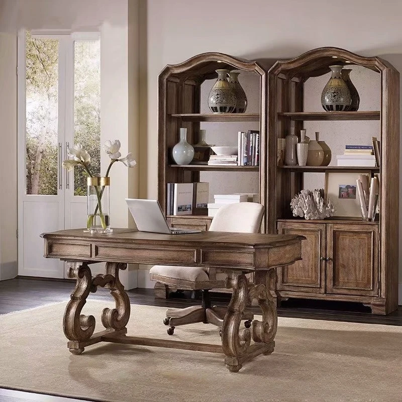 

Furniture: Solid Wood Desk, European Style Vintage Carved Office Computer Desk, Home Student Writing and Study Desk