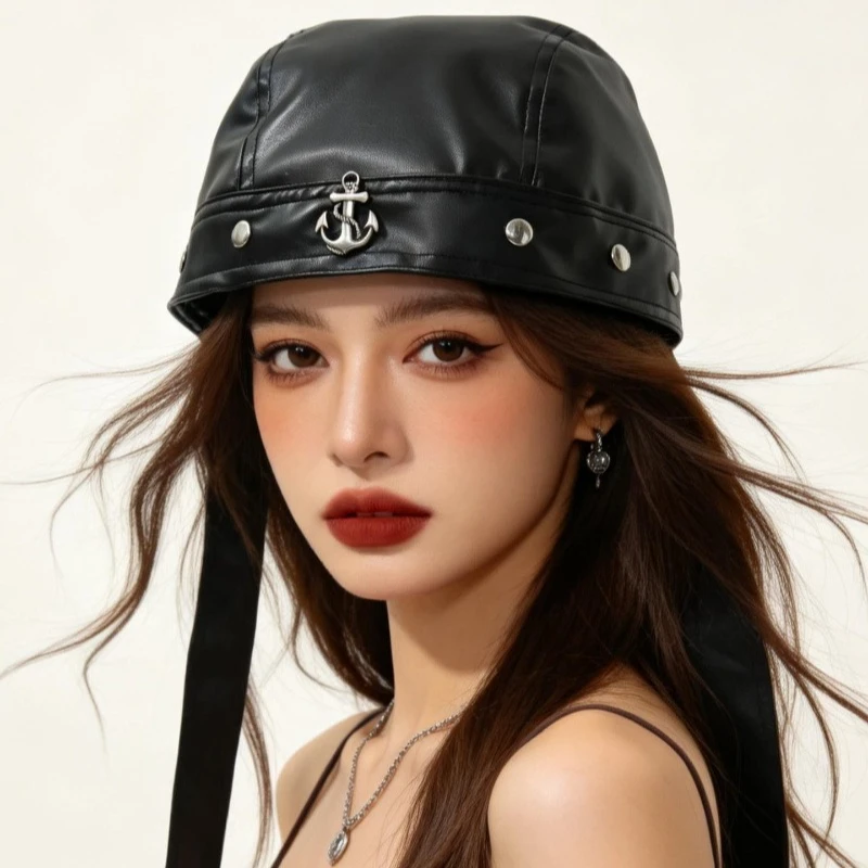 Punk Faux Leather Skull Rivet Bandana Retro Pirate Hat Unisex Cosplay Party Personality Head Wrap Daily Costume Hat