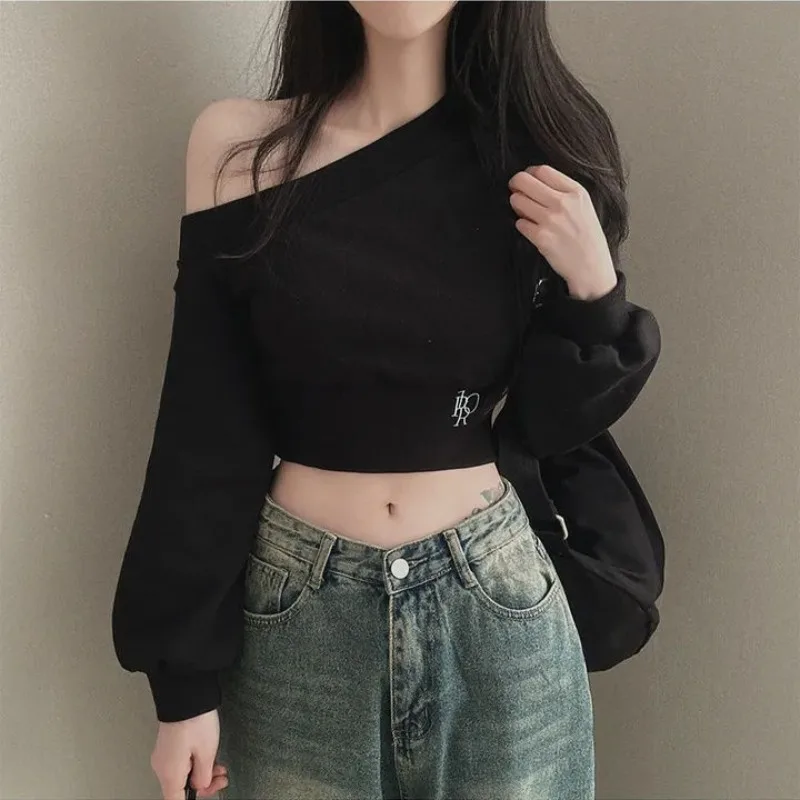 Sexy Slash Neck Off Shoulder Hoodies High Waist Long Sleeve Y2k Streetwear Slim Pullovers Crop Tops Sweatshirts Korean Women