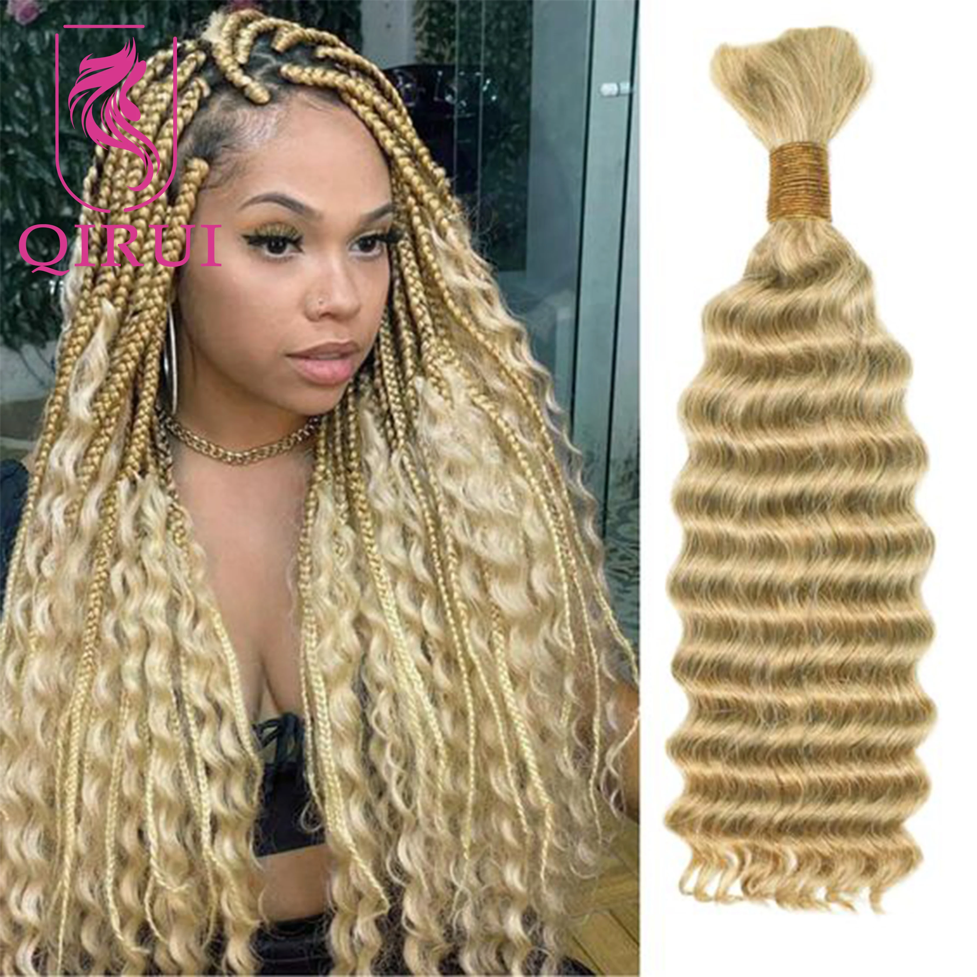 Bulk Deep Wave Human Hair For Braiding 613 Honey Blonde Curly Bulk Hair For Boho Braids Braiding Human Hair Bundles Double Drawn