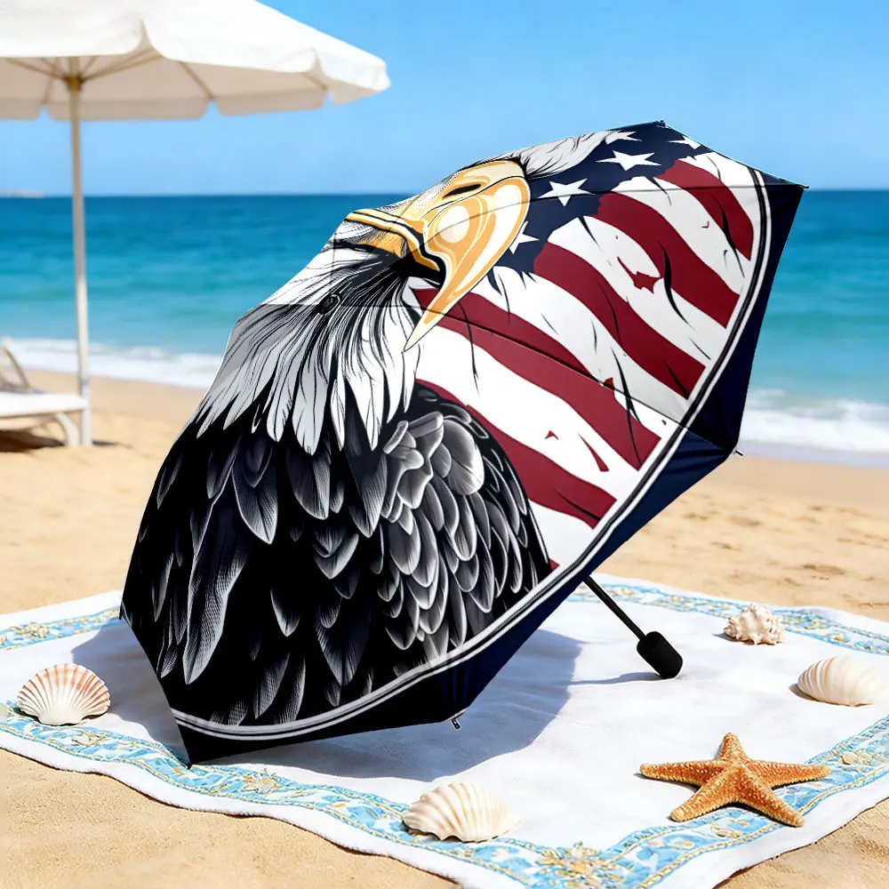 1PC Eagle Design Picnic Umbrella by a Scenic Lakeside Print 8 Iron Ribs Folding Umbrella Auto-Open Fashion Sunshade
