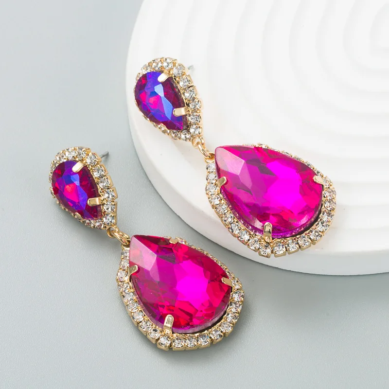 Fuchsia Statement Luxury Earrings for Women Wedding Party White Crystal Zircon Earrings Wedding Banquet Jewelry