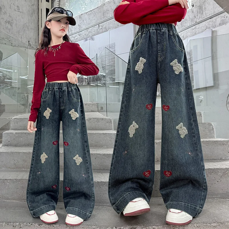 Spring Autumn New Girls Jeans Cartoon Bear Embroidery Wide-leg Denim Pants For 5 6 8 10 12 14 Years Teen Girls Fashion Trousers