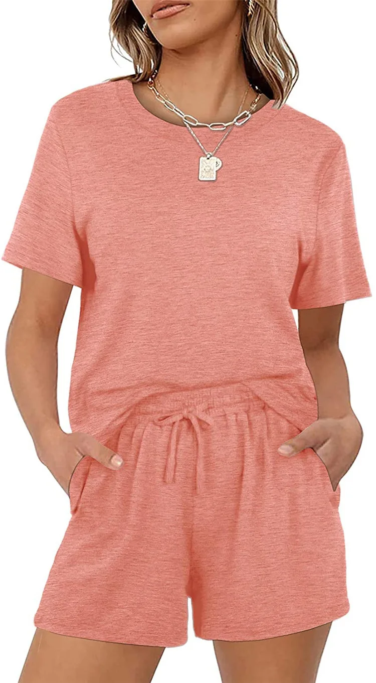 New Women's Casual Solid Color Short Sleeve Elastic Lace-up Pocket Shorts Set