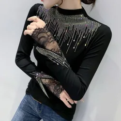 #8108 Spring 2024 Black Half High Collar Long Sleeve Spliced Lace Elastic Skinny T Shirt Women With Diamonds Sexy Korean Fashion