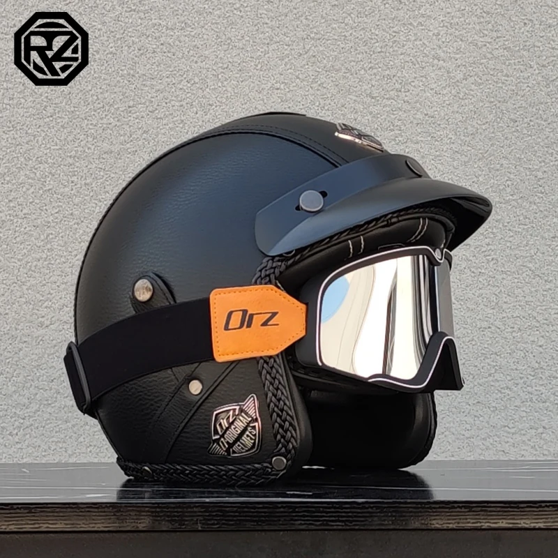 

ORZ Retro Cruising Motorcycle Helmet PU Leather 3/4 Scooter Half Helmet Adult Summer Four Seasons DOT Approval