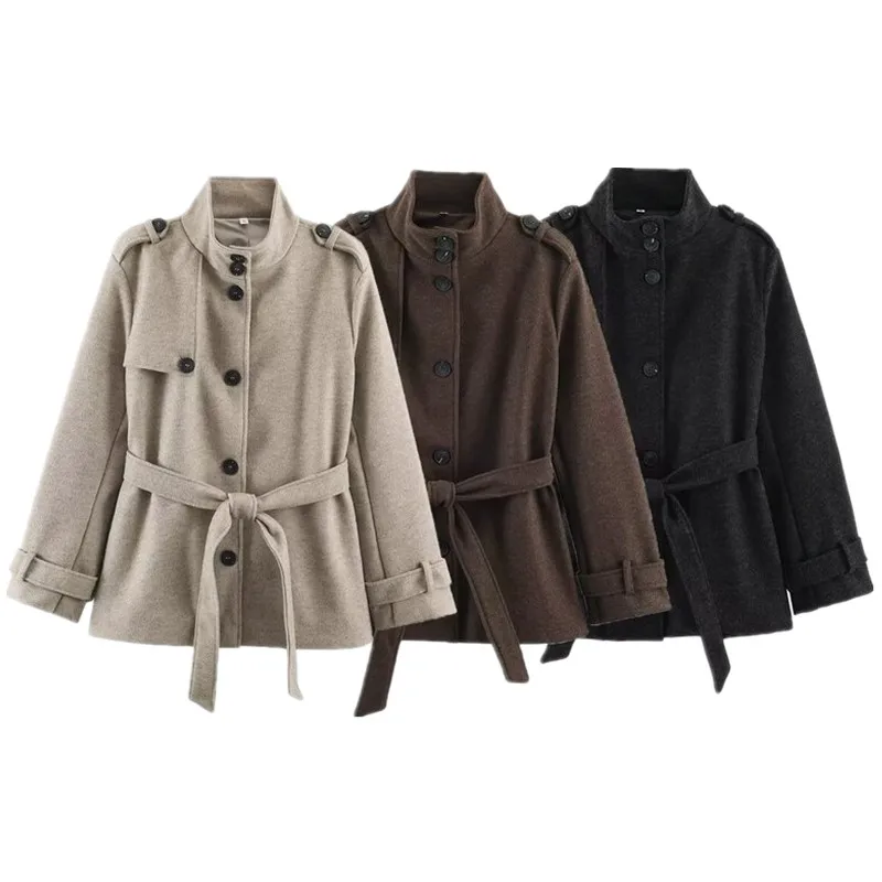 Autumn 2026 Women's Woolen Coat Medium Length Stand Collar Button Decorated Belted Outerwear Commute Style Pure E-commerce
