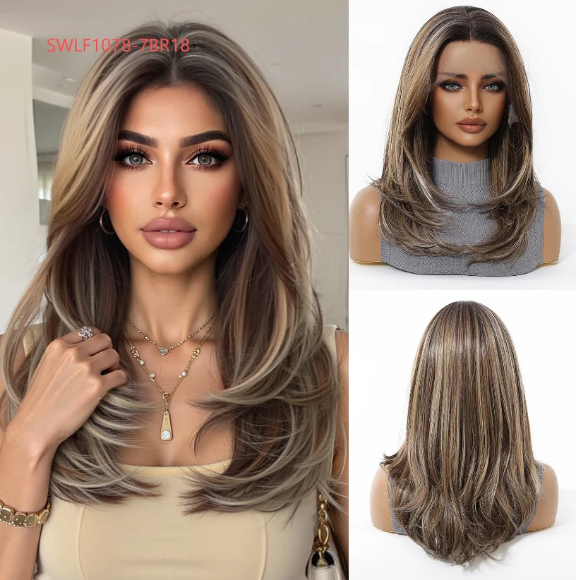 HAIRCUBE 13x6 Lace Front Wig for Women Brown with Blonde Highlights Straight Lace Wig Natural Hairline for Daily Party