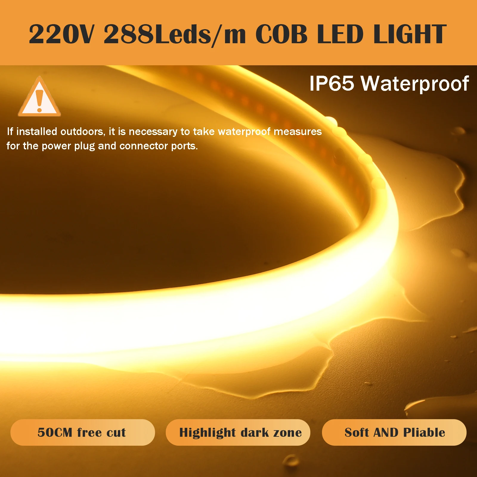 220V COB LED Strip with Power EU Plug 288LEDs/m Flexible Ribbon RA90 IP65 Waterproof Outdoor Garden Light Kitchen Bedroom Decor