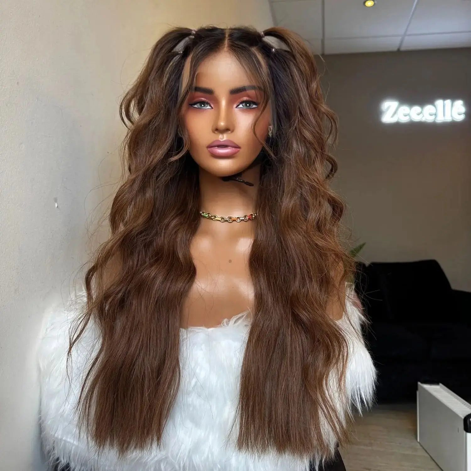 

Длинные термостойкие синтетические парики со средним пробором, глубокая волна, шоколадно-коричневый, высококачественный парик из натуральных волос, полные корни