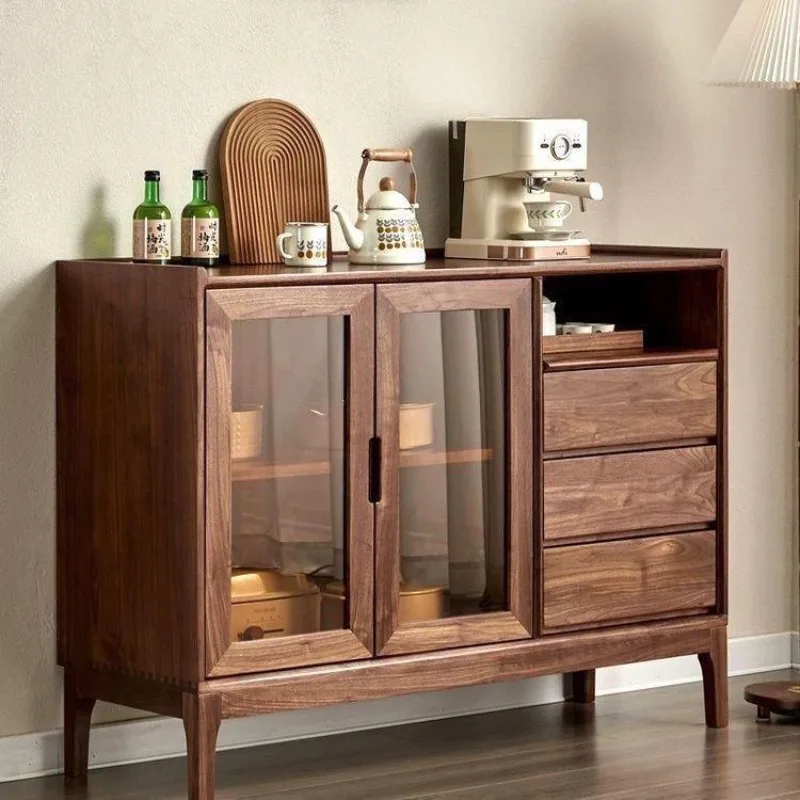 Meal side modern walnut color simple storage Nordic solid wood multi-functional kitchen living room locker against the wall tea