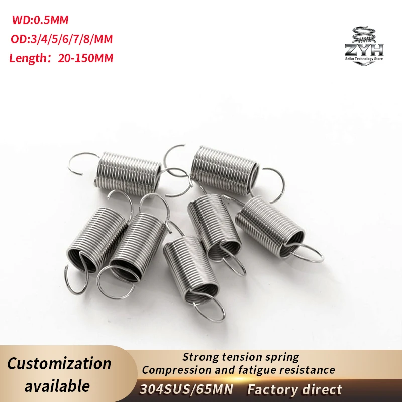 

2 pieces of open-end fatigue-resistant 304SUS/65MN tension springs,WD 0.5mm,OD 3–8mm,Length 20–150mm, durable extension springs