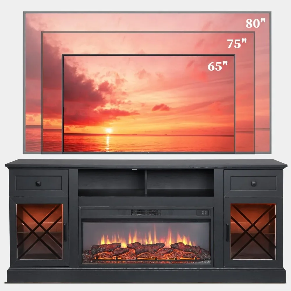 حامل تلفزيون حديث مقاس 70 بوصة مع مدفأة كهربائية لأجهزة التلفاز حتى 80 بوصة، أضواء LED، باب زجاجي، مركز ترفيه