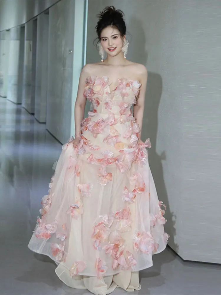 

Pink Bridal Gown Evening Dr Strapl Ball Dr for Wedding Banquet Performance Sweet Sle mid Waist A-Line Skirt