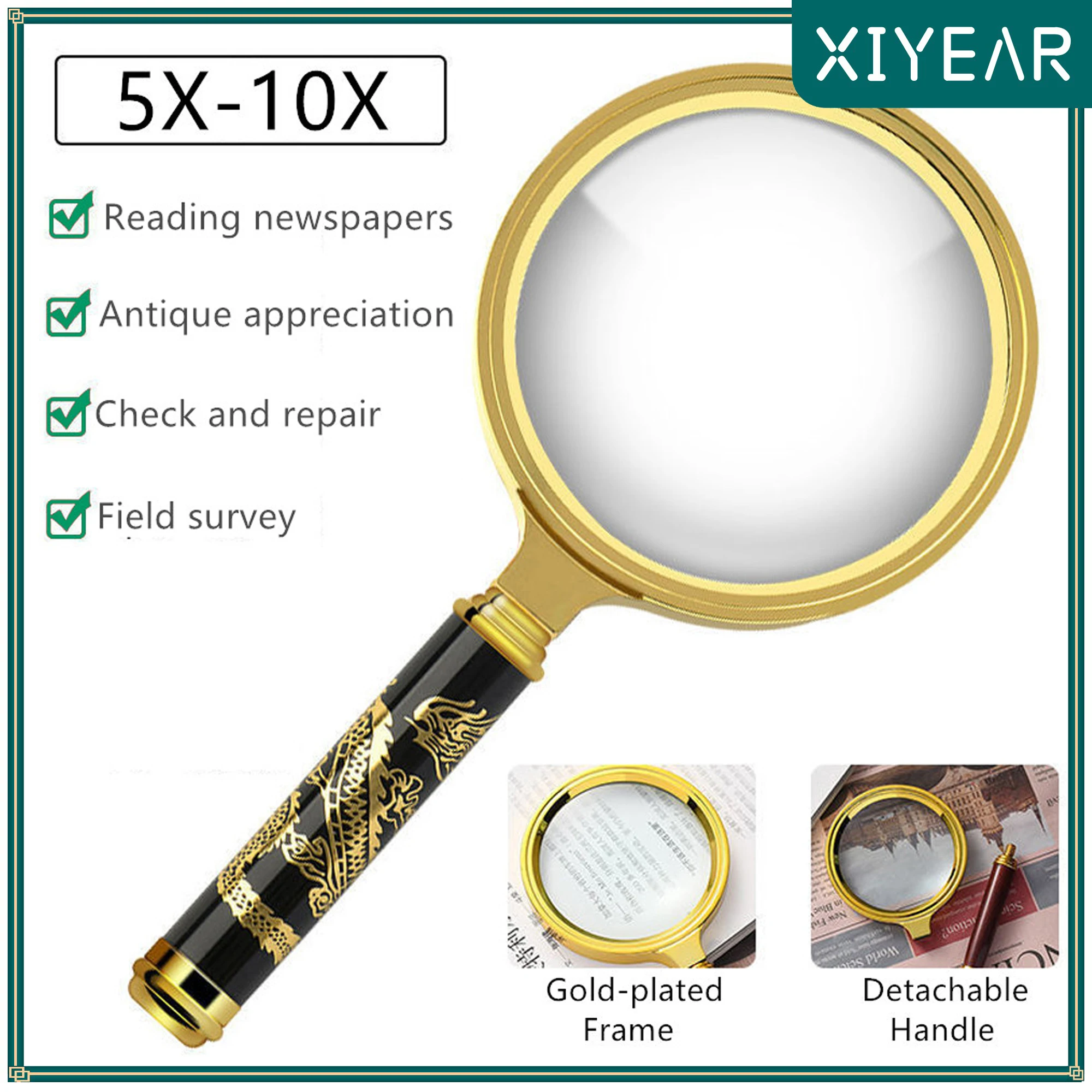 5X-10X Magnifying Glass Golden Dragon Handle Magnifier Mini Pocket Handheld Microscope Reading Jewelry Loupe Magnifiers