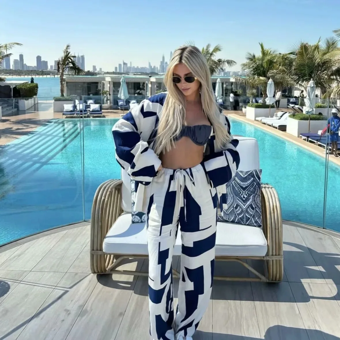 

KIDCRKJ Summer Women 2 PCS Set European And American Home Casual Women Letter Print Cardigan Shirt + Wide-leg Trousers