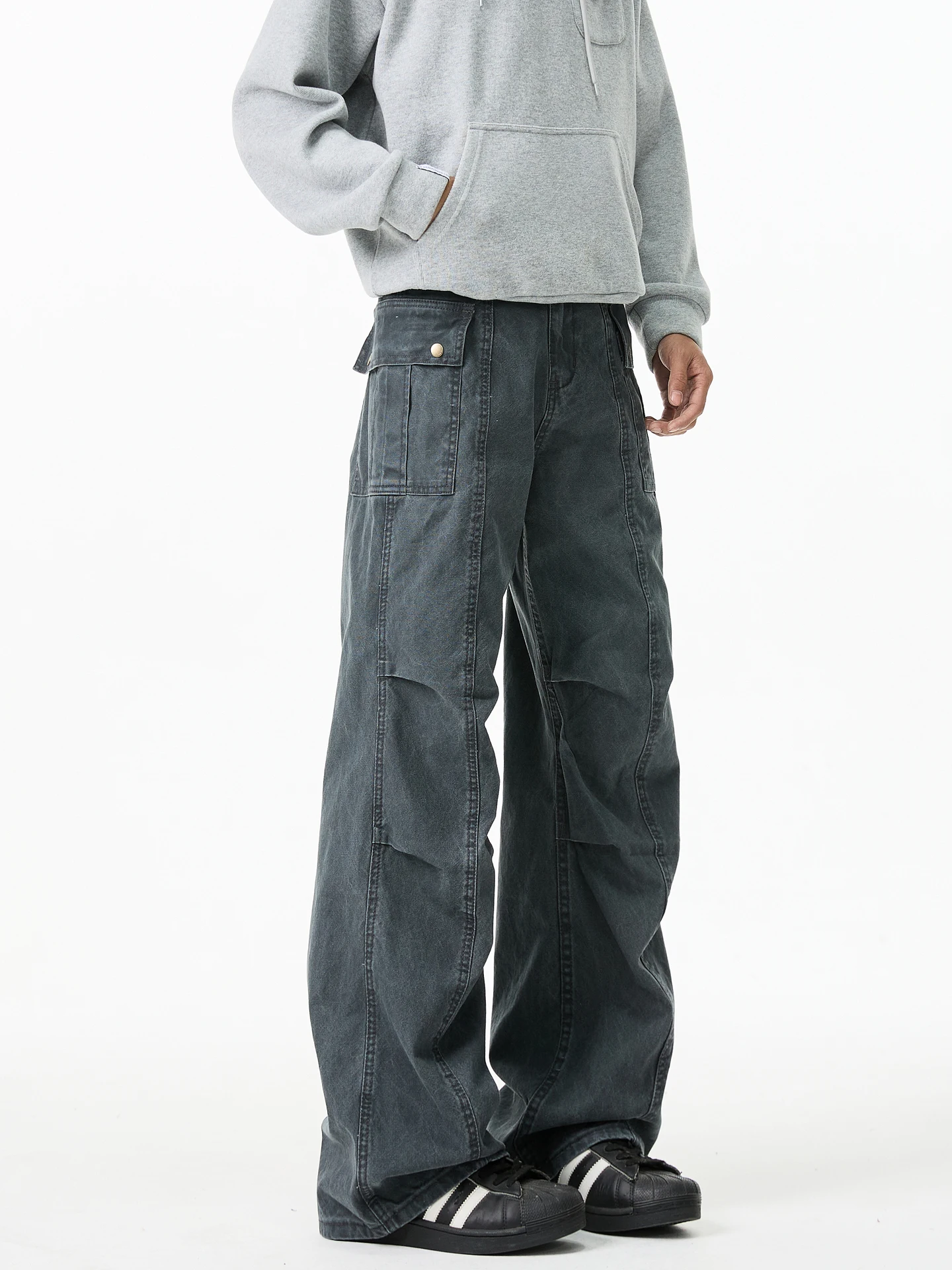 

Мужские брюки в стиле ретро-американский кэжуал, модные, брендовые, плиссированные, расклешенные, в стиле High Street, длинные, Wukong в наличии