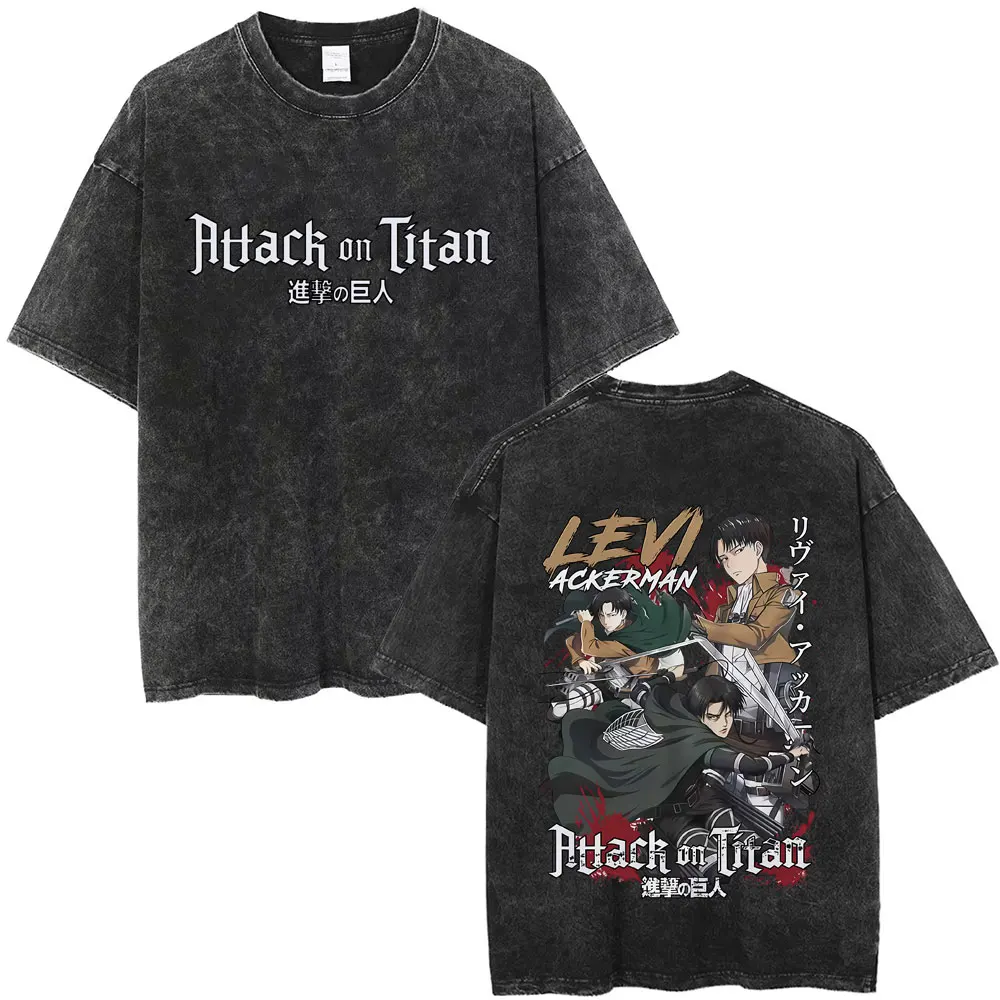 

Washed Retro Anime Attack on Titan Levi Ackerman Graphic T-shirts Men Women Cartoon Manga T-shirt Male Vintage Oversized T Shirt