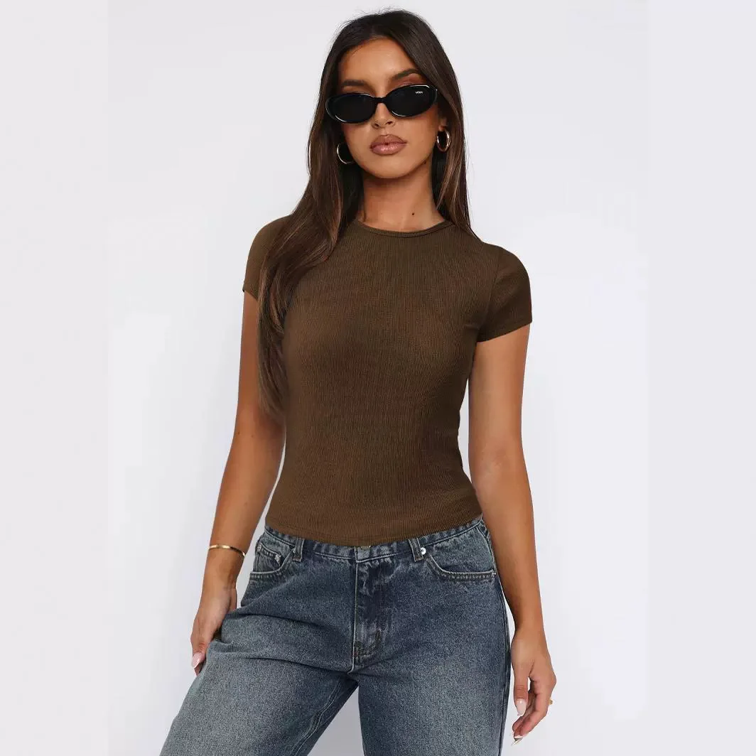 

2024 Women's Solid Color Rib Short Sleeve T-shirt New Women's Summer Y2K Clothes Knitwear Slim Spice Girl Top High Strecth