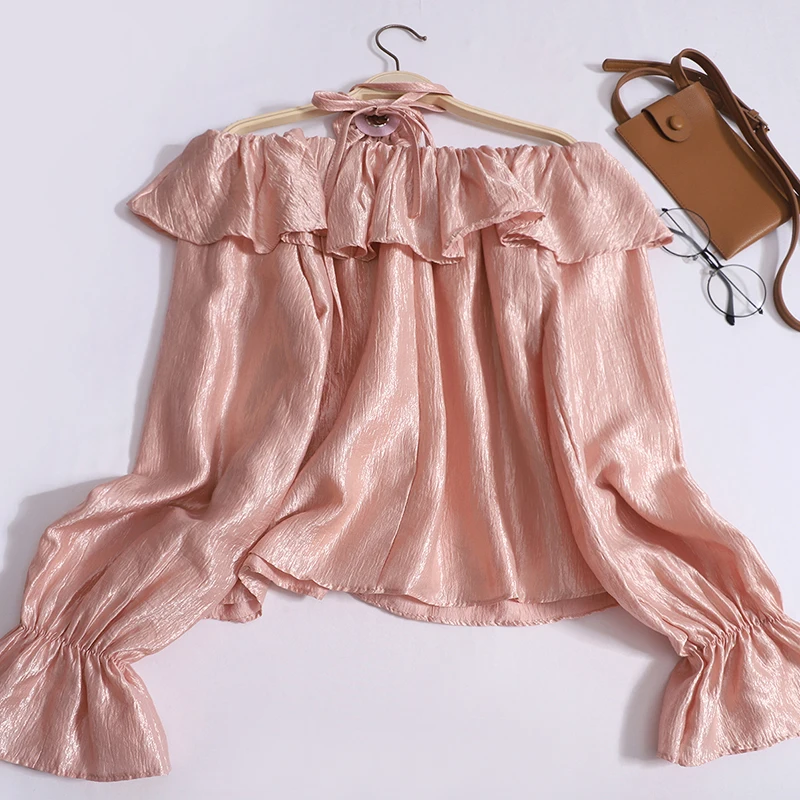 Boots hals schulter freie Bluse Frauen glänzende süße gekräuselte Top Rose Band lange Laterne Ärmel Chiffon Bluse