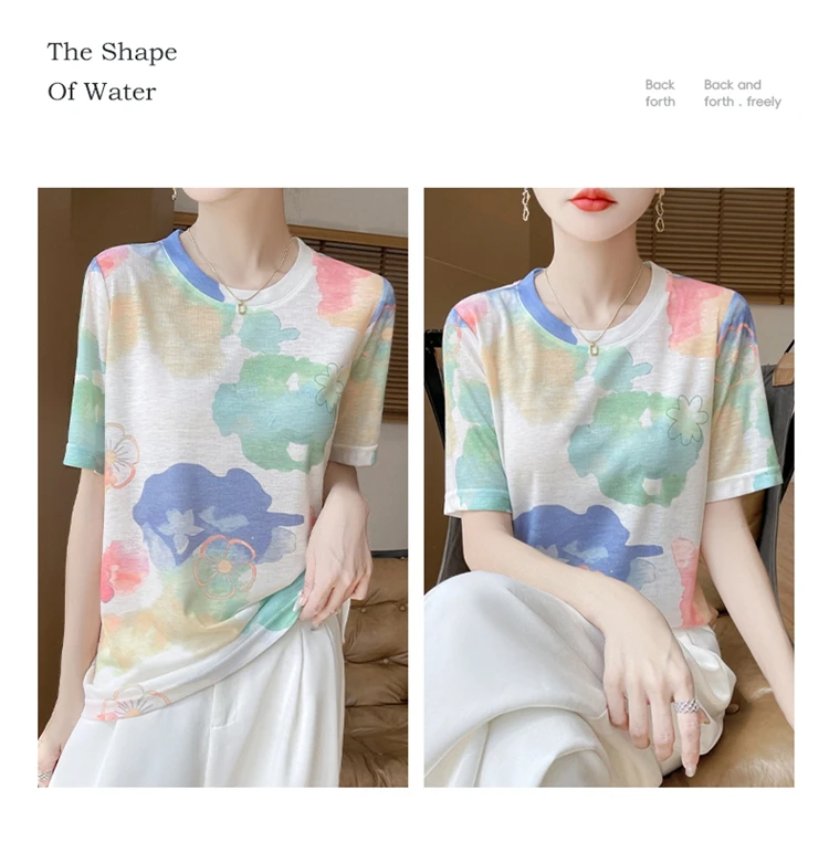 Summer New Women's Round Neck Printed Knitted Short-Sleeved Thin T-shirt Loose Bottoming Shirt