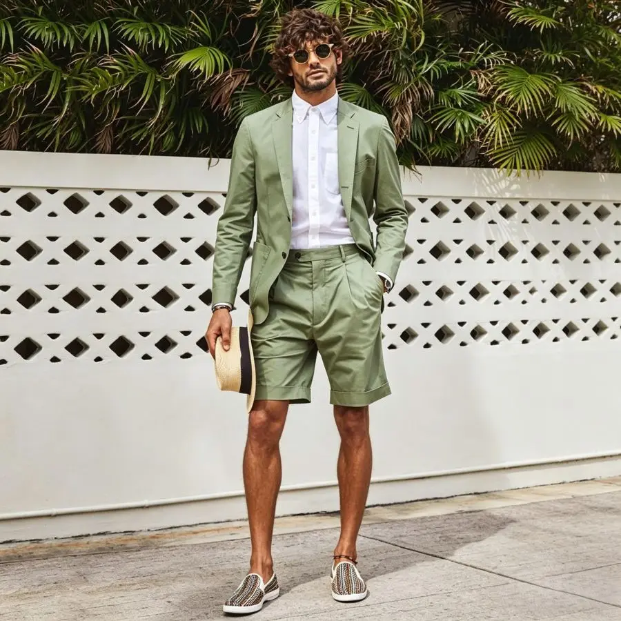 2 Pieces Summer Suits for Men with Short Pants Slim Fit Lightweight Casual Beach Wedding Party Blazer Shorts Set 2026