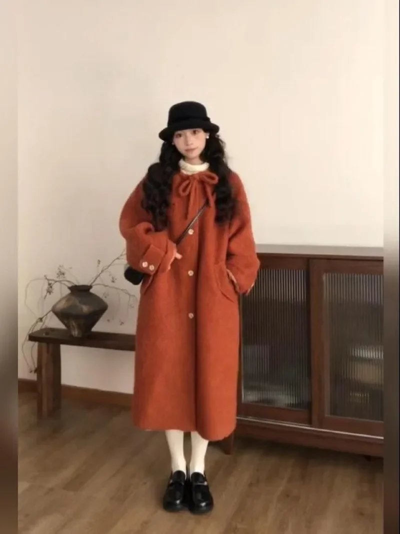 

Sweet Hot Girl Christmas Red Woolen Coat Women's Autumn and Winter O-neck Loose Single Breasted Long Coat Fashion Female Clothes