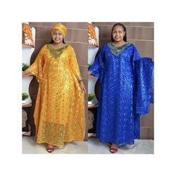 Dashiki African Dresses for Women Spring Summer African Women Blue Yellow O-neck Long Dress Inner and Headtie African Clothes