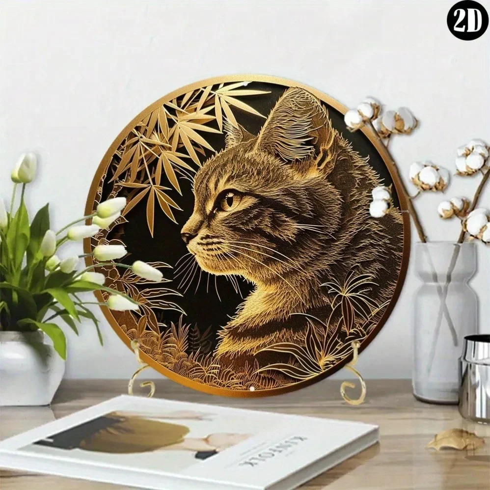 Cat Themed Round Wreath, Faux Foil Stamping, Papercut Art Painting, Decorative Wall Decor for Home & Garden, Iron Material