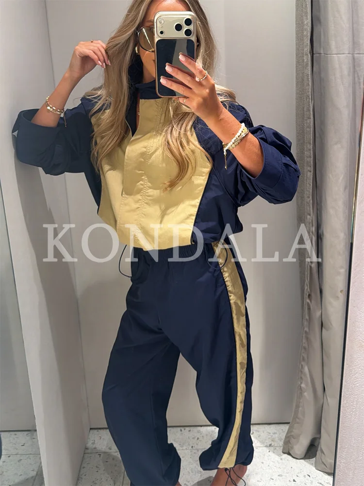 KONDALA Damen Trendiges High-Street Kontrast-Hosen-Set mit Reißverschlussjacke und Hose mit elastischem Bund, Frühherbst 2026, lässiges sportliches Damen-Set – Detail 3